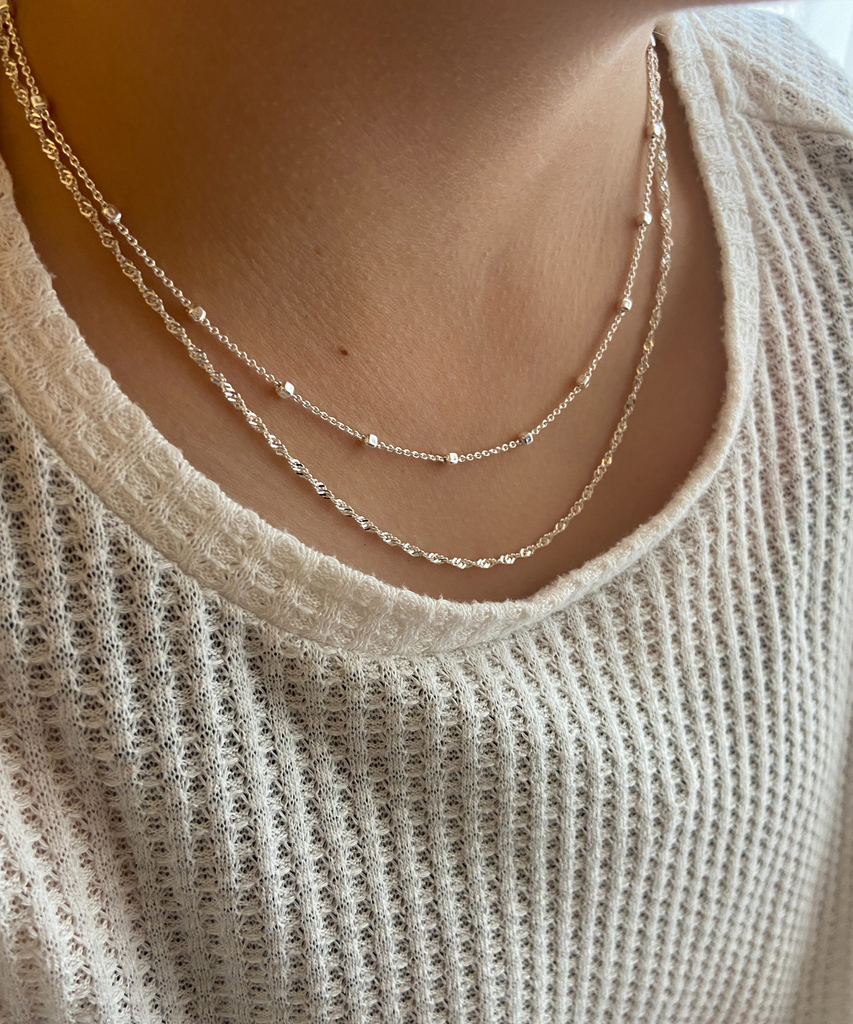 "Stunning Layered Necklaces: AlinMay Handmade Jewelry's Sterling Silver Singapore Chain and Square Beads Chain - Elevate Your Style"
