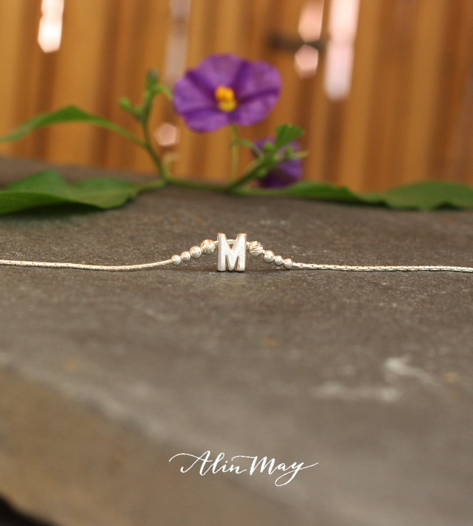The picture shows uppercase M with 8 tiny beads on a delicate sterling silver snake chain-AlinMay