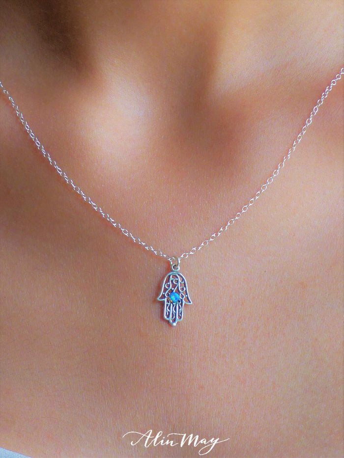 Beautiful sterling silver Hamsa hand pendant on a delicate sterling silver cable chain-AlinMay