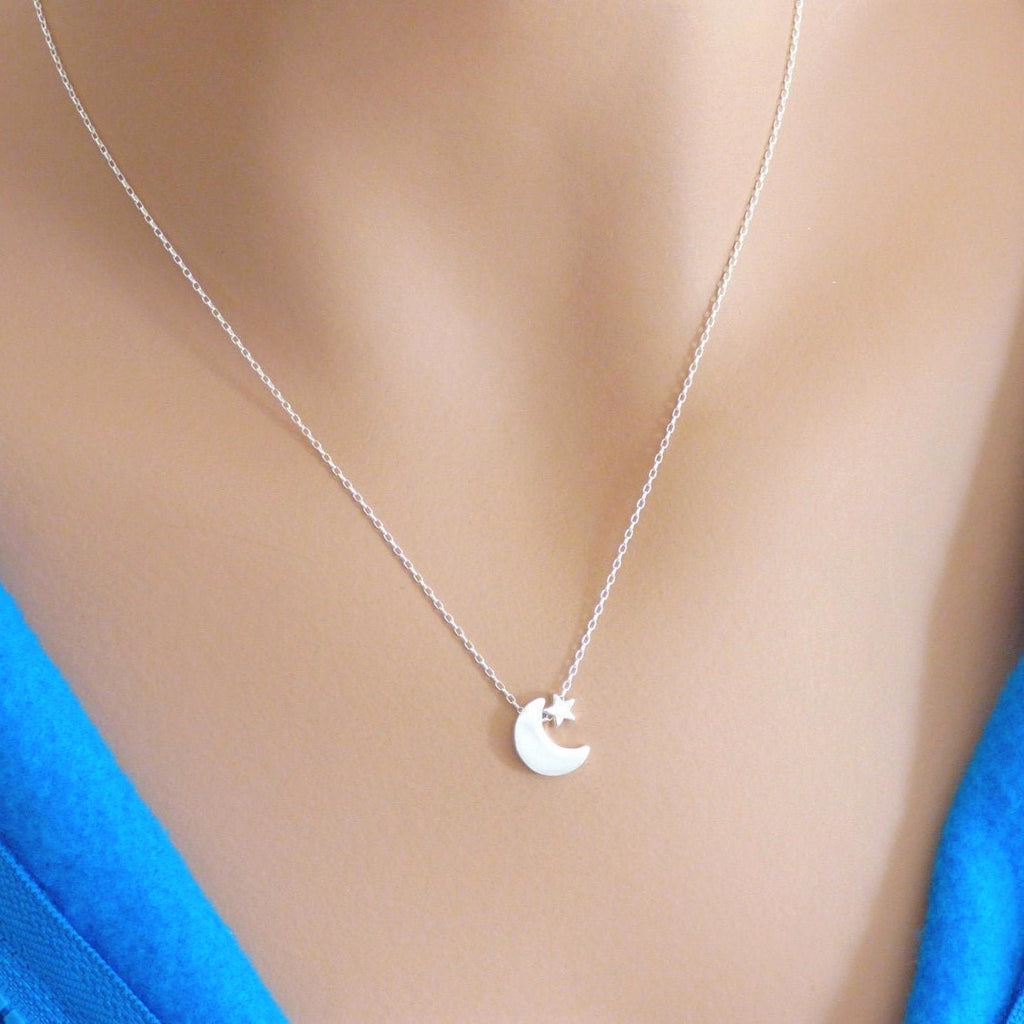 Beautiful everyday sterling silver necklace made of moon and tiny star on a delicate links chain- AlinMay