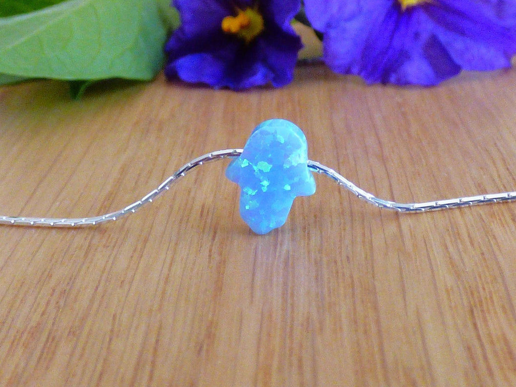 Minimalist sterling silver necklace with a blue Hamsa hand-AlinMay